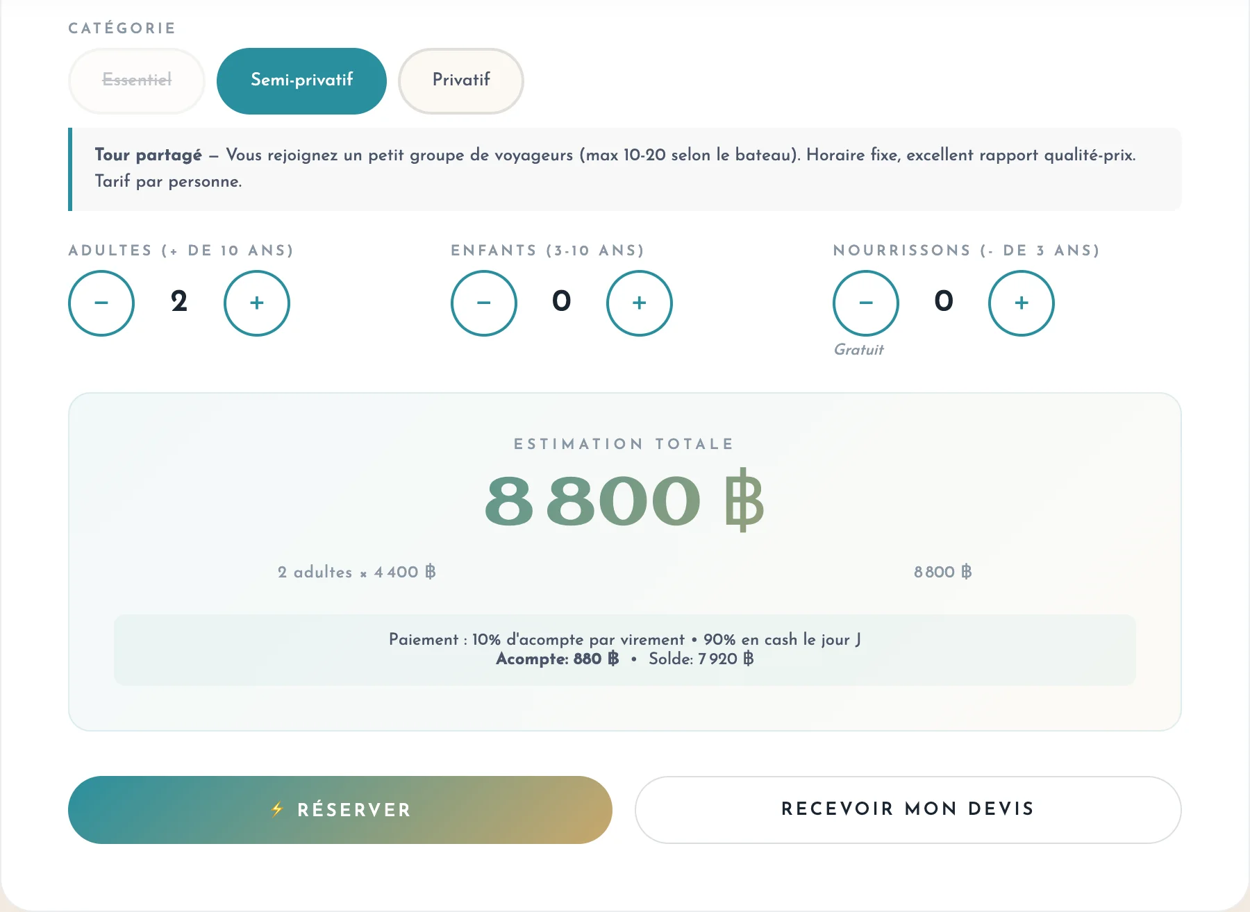 Module de devis instantané et de réservation en ligne construit par Tomedia pour Samui Authentic